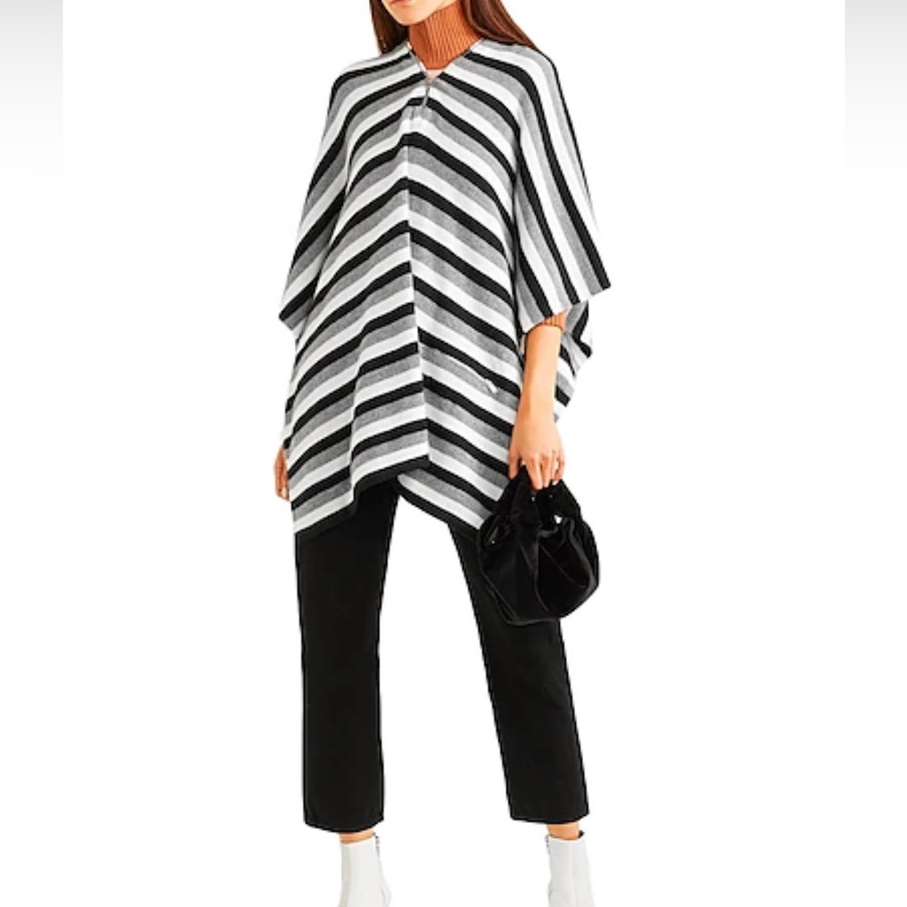 Sonia Rykiel Paris 100% Cashmere Poncho Black/White/Gray Stripe Zip Pocket Luxe